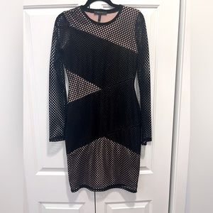 Long sleeve BCBG black and nude bodycon knee-length cocktail dress, small